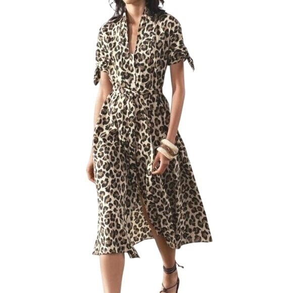Zara Leopard Print Midi Shirt Dress Womens Xs Brown Tan Cotton Belted Tie Sleeve